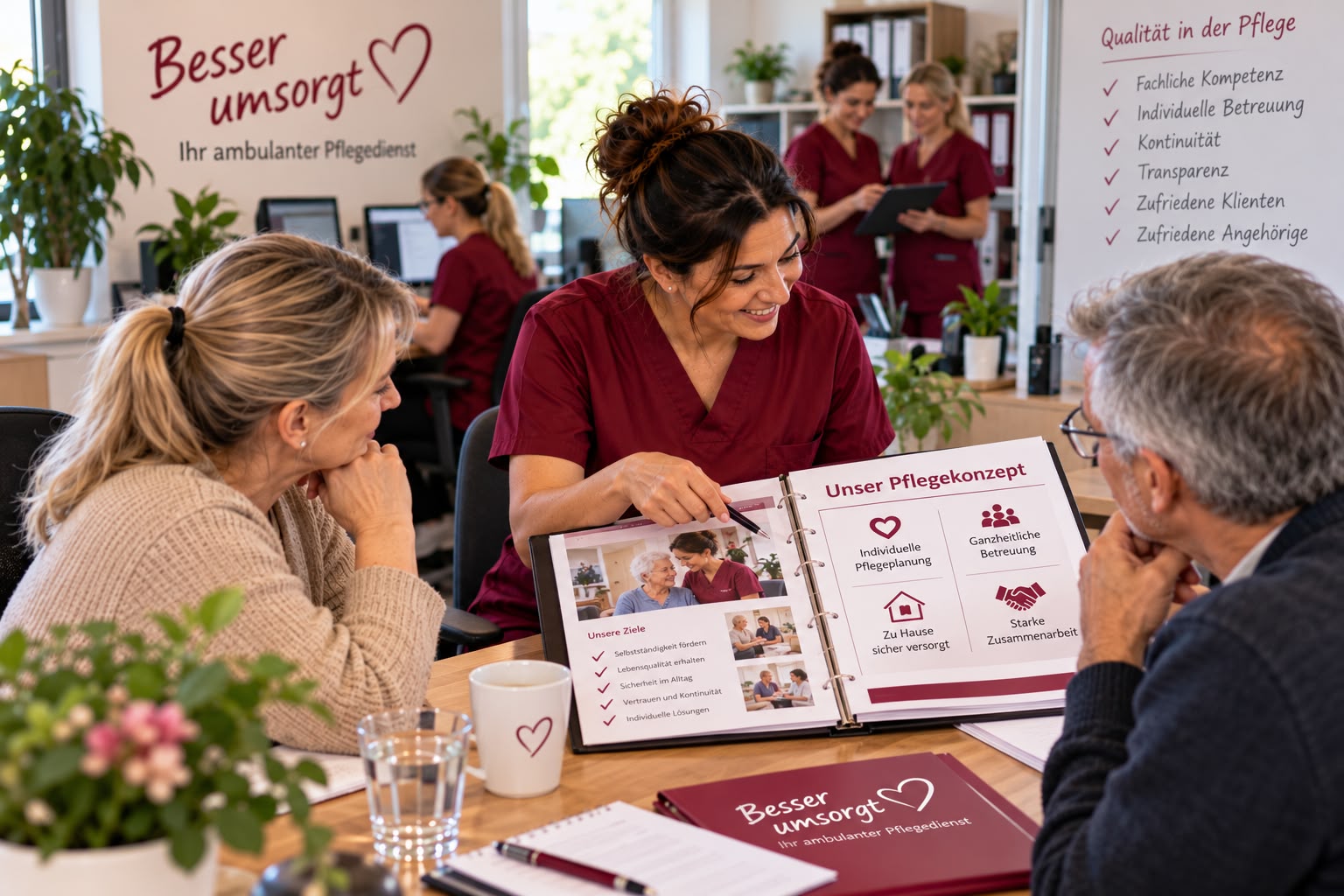 Betreuerin im Gespräch mit einer Seniorin am Küchentisch