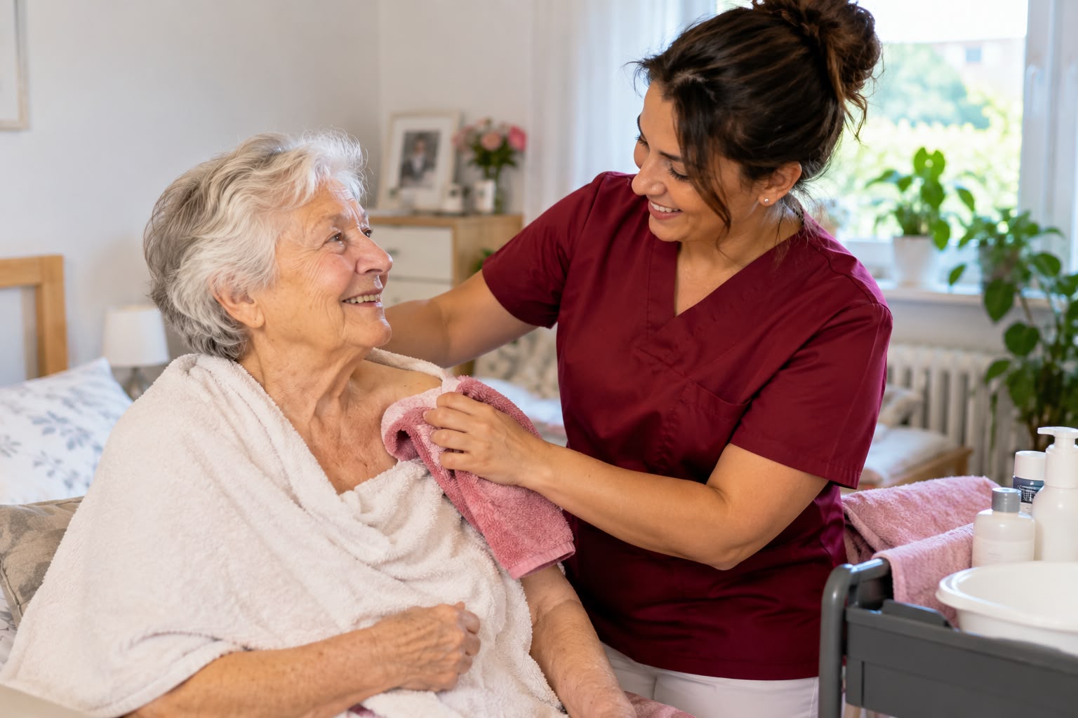 Pflegekraft bringt einer Seniorin am Bett einen Tee